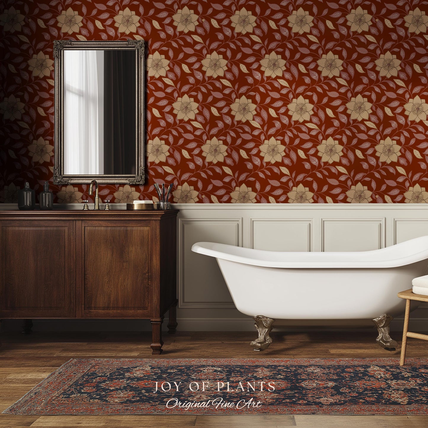 Warm and Welcoming Floral Wallpaper | Scandinavian Influence Block Print Textile Earth Tone Wall Art Renter Friendly Timeless Folk Revival