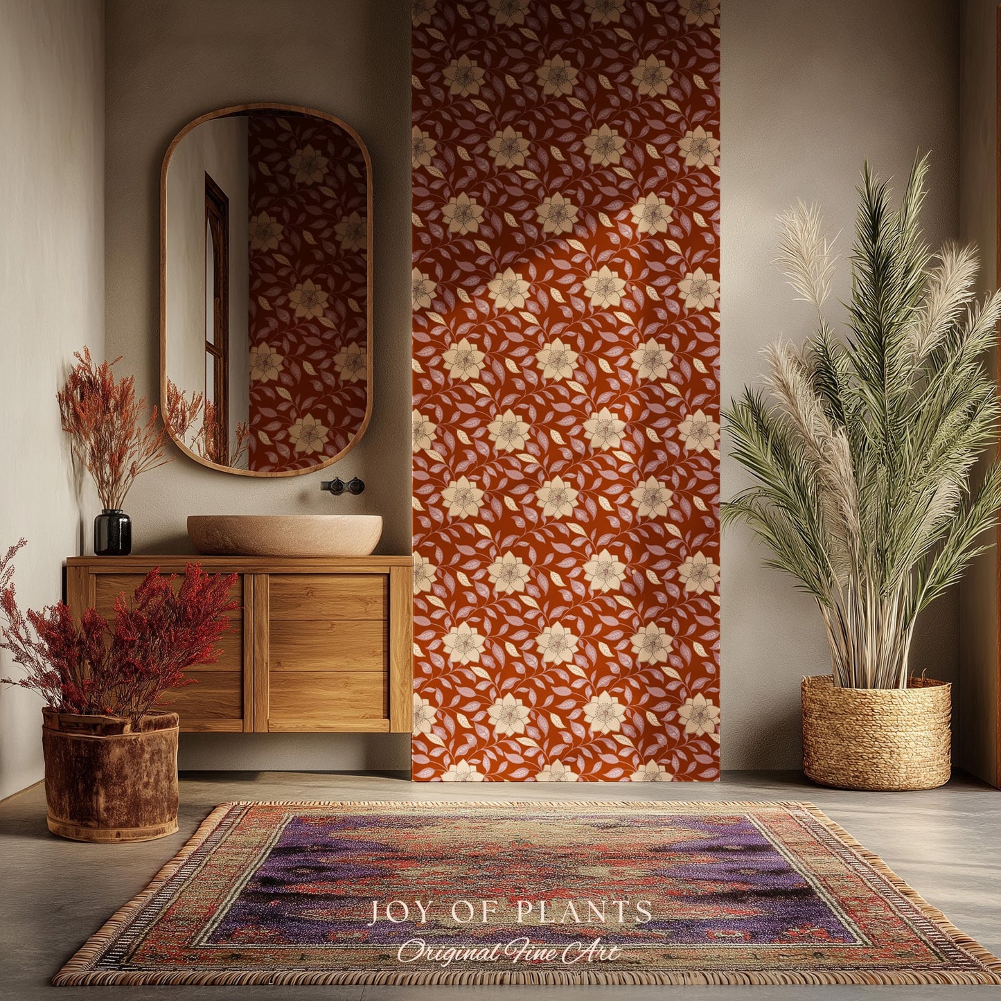 Warm and Welcoming Floral Wallpaper | Scandinavian Influence Block Print Textile Earth Tone Wall Art Renter Friendly Timeless Folk Revival