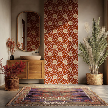 Warm and Welcoming Floral Wallpaper | Scandinavian Influence Block Print Textile Earth Tone Wall Art Renter Friendly Timeless Folk Revival