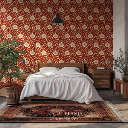 Warm and Welcoming Floral Wallpaper | Scandinavian Influence Block Print Textile Earth Tone Wall Art Renter Friendly Timeless Folk Revival