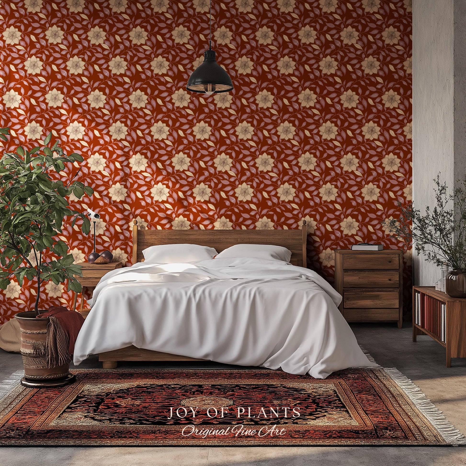 Warm and Welcoming Floral Wallpaper | Scandinavian Influence Block Print Textile Earth Tone Wall Art Renter Friendly Timeless Folk Revival