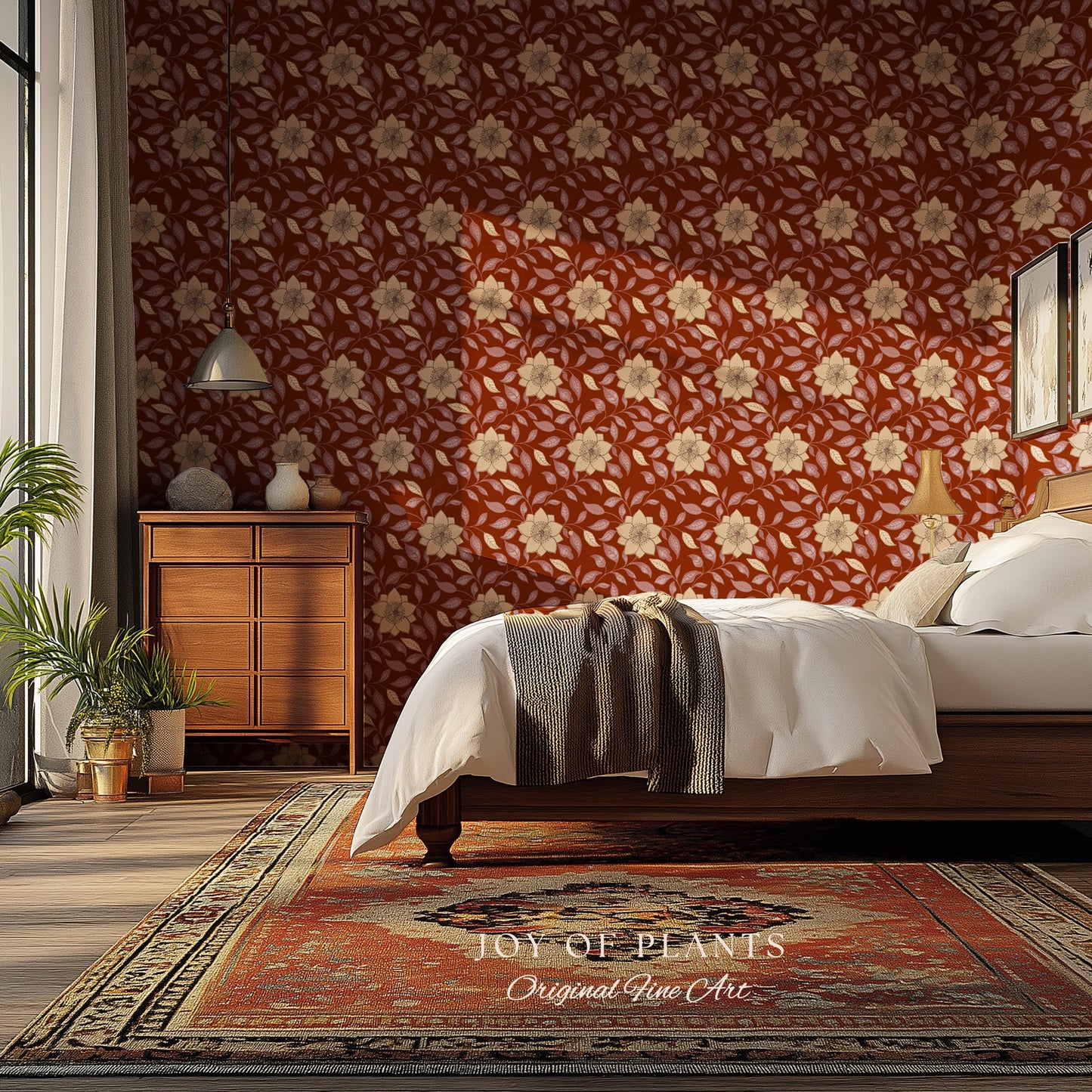 Warm and Welcoming Floral Wallpaper | Scandinavian Influence Block Print Textile Earth Tone Wall Art Renter Friendly Timeless Folk Revival