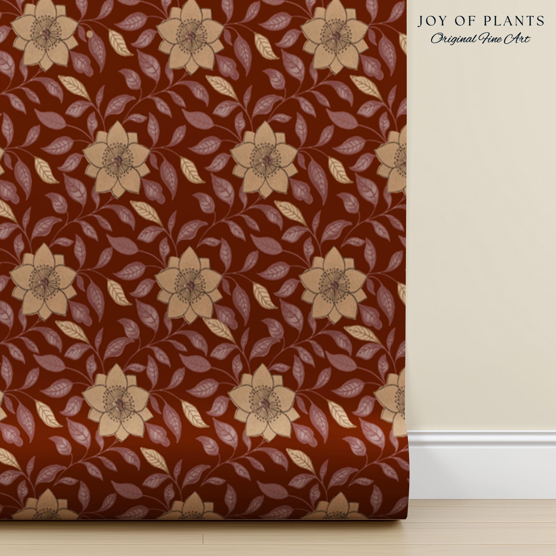Warm and Welcoming Floral Wallpaper | Scandinavian Influence Block Print Textile Earth Tone Wall Art Renter Friendly Timeless Folk Revival