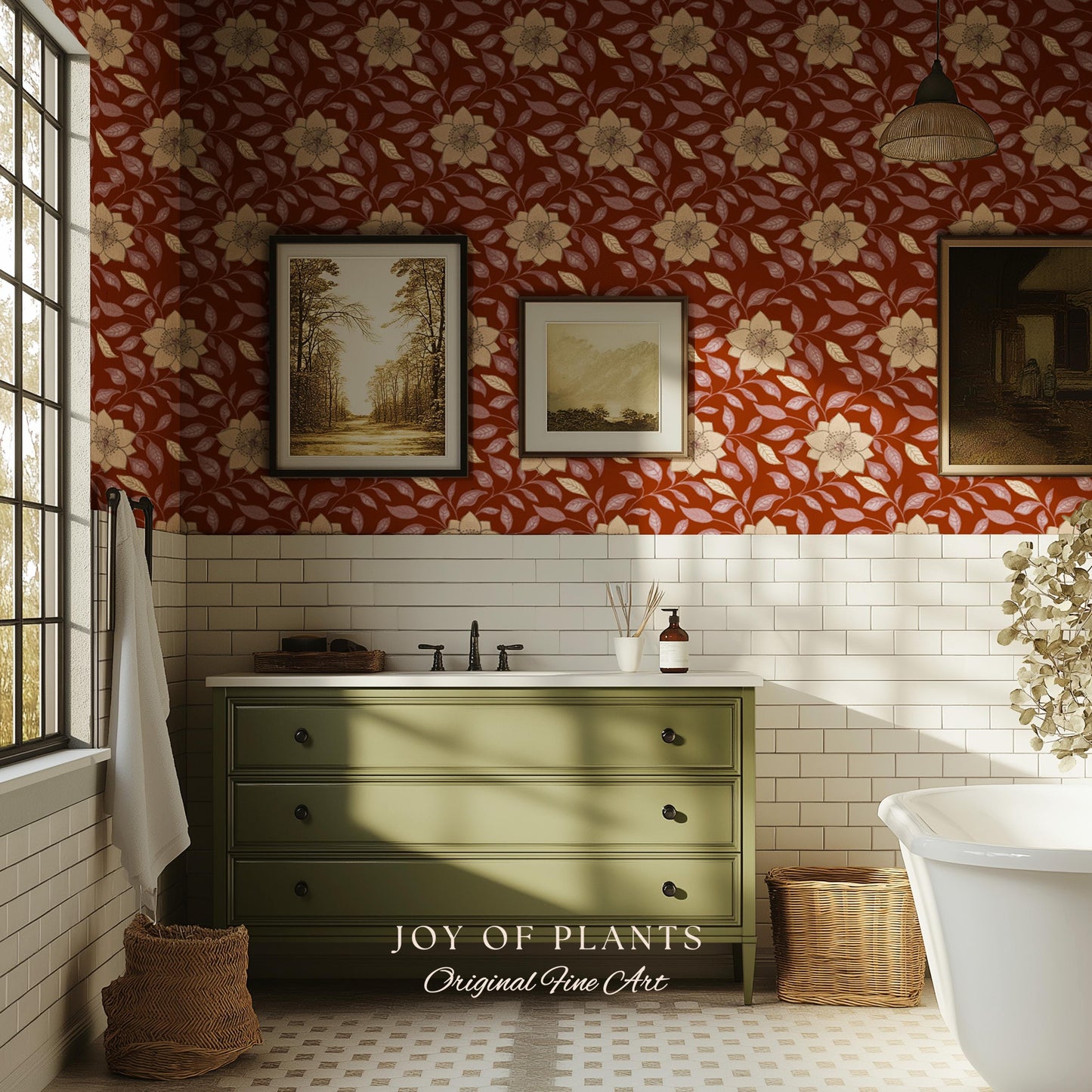 Warm and Welcoming Floral Wallpaper | Scandinavian Influence Block Print Textile Earth Tone Wall Art Renter Friendly Timeless Folk Revival