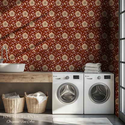 Warm and Welcoming Floral Wallpaper | Scandinavian Influence Block Print Textile Earth Tone Wall Art Renter Friendly Timeless Folk Revival
