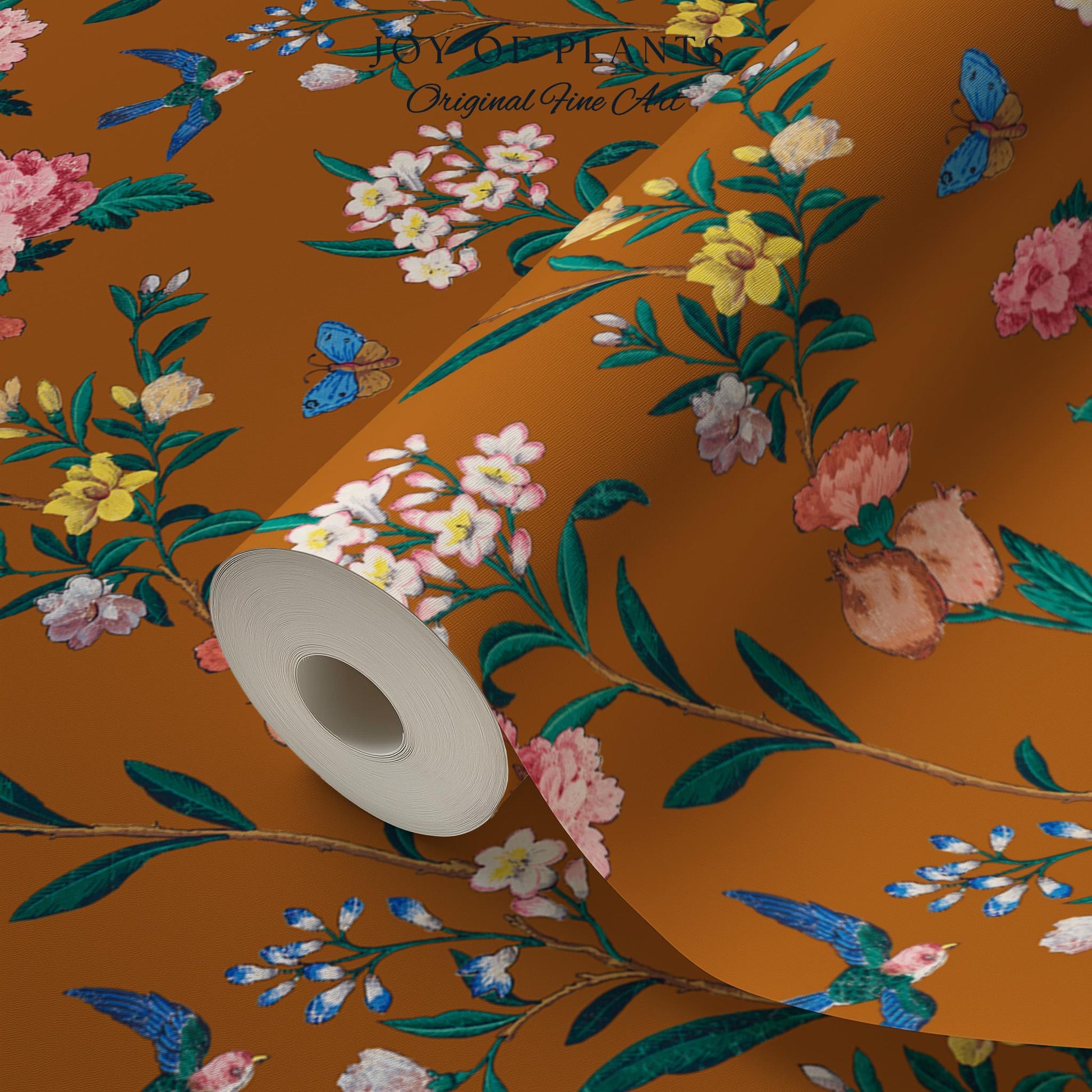 Rust Orange Flowing Vine Wallpaper | Soft Florals Chinoiserie Inspired Botanical Wall Art Peel and Stick Luxury Artistry Bird Print Accent