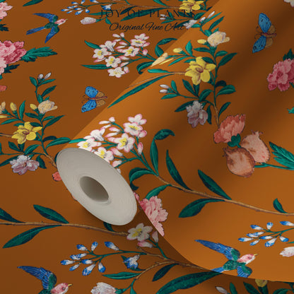 Rust Orange Flowing Vine Wallpaper | Soft Florals Chinoiserie Inspired Botanical Wall Art Peel and Stick Luxury Artistry Bird Print Accent