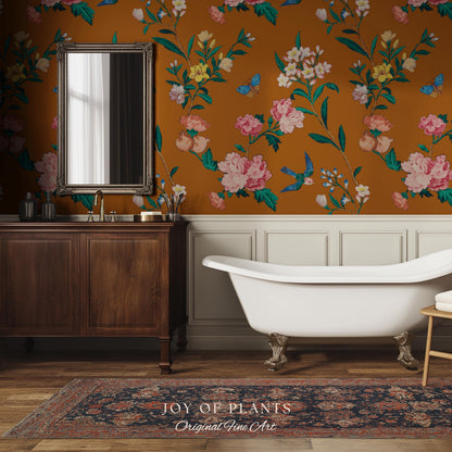 Rust Orange Flowing Vine Wallpaper | Soft Florals Chinoiserie Inspired Botanical Wall Art Peel and Stick Luxury Artistry Bird Print Accent