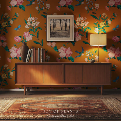 Rust Orange Flowing Vine Wallpaper | Soft Florals Chinoiserie Inspired Botanical Wall Art Peel and Stick Luxury Artistry Bird Print Accent