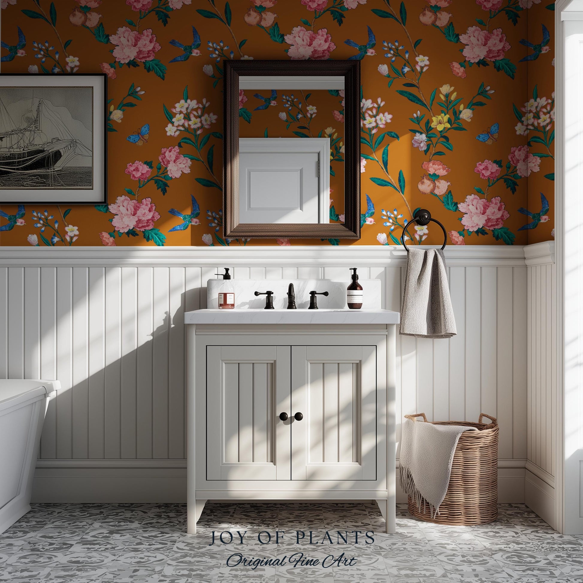 Rust Orange Flowing Vine Wallpaper | Soft Florals Chinoiserie Inspired Botanical Wall Art Peel and Stick Luxury Artistry Bird Print Accent