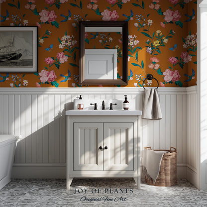 Rust Orange Flowing Vine Wallpaper | Soft Florals Chinoiserie Inspired Botanical Wall Art Peel and Stick Luxury Artistry Bird Print Accent