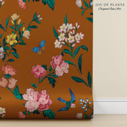 Rust Orange Flowing Vine Wallpaper | Soft Florals Chinoiserie Inspired Botanical Wall Art Peel and Stick Luxury Artistry Bird Print Accent