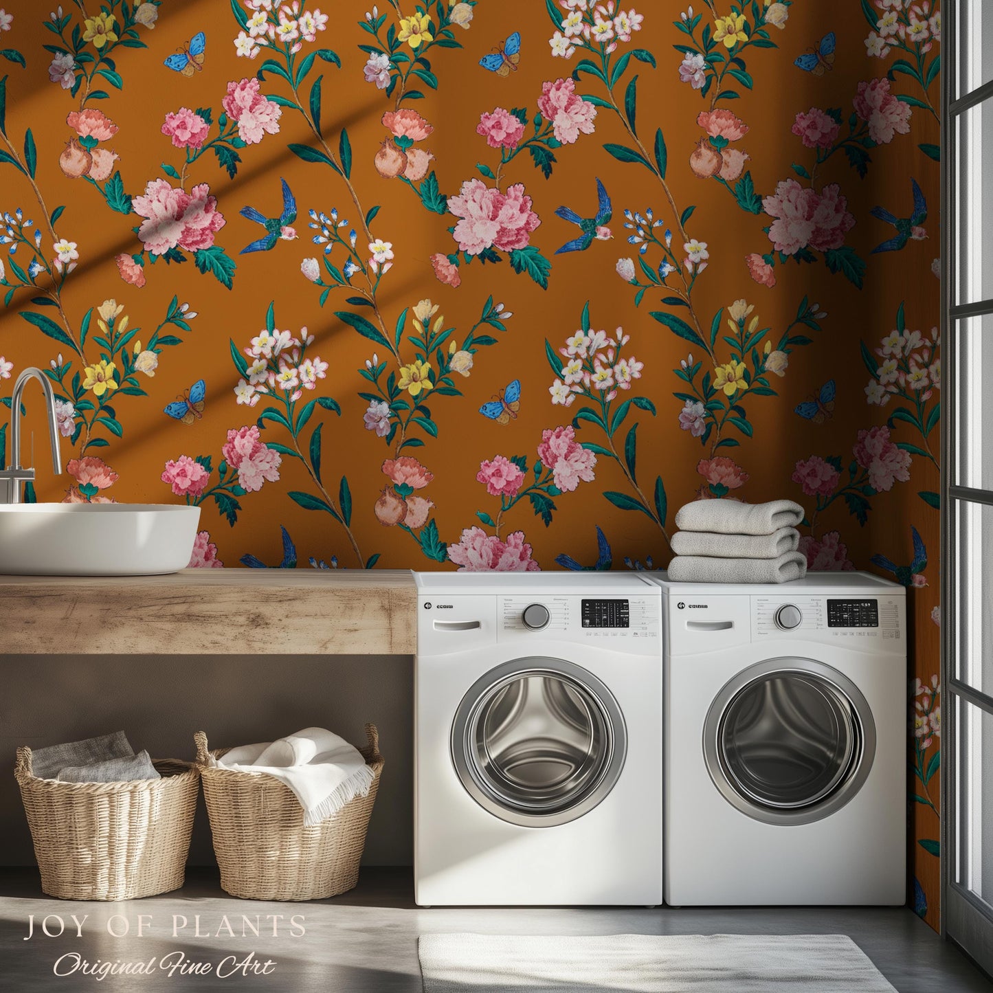 Rust Orange Flowing Vine Wallpaper | Soft Florals Chinoiserie Inspired Botanical Wall Art Peel and Stick Luxury Artistry Bird Print Accent