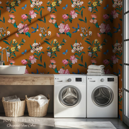 Rust Orange Flowing Vine Wallpaper | Soft Florals Chinoiserie Inspired Botanical Wall Art Peel and Stick Luxury Artistry Bird Print Accent