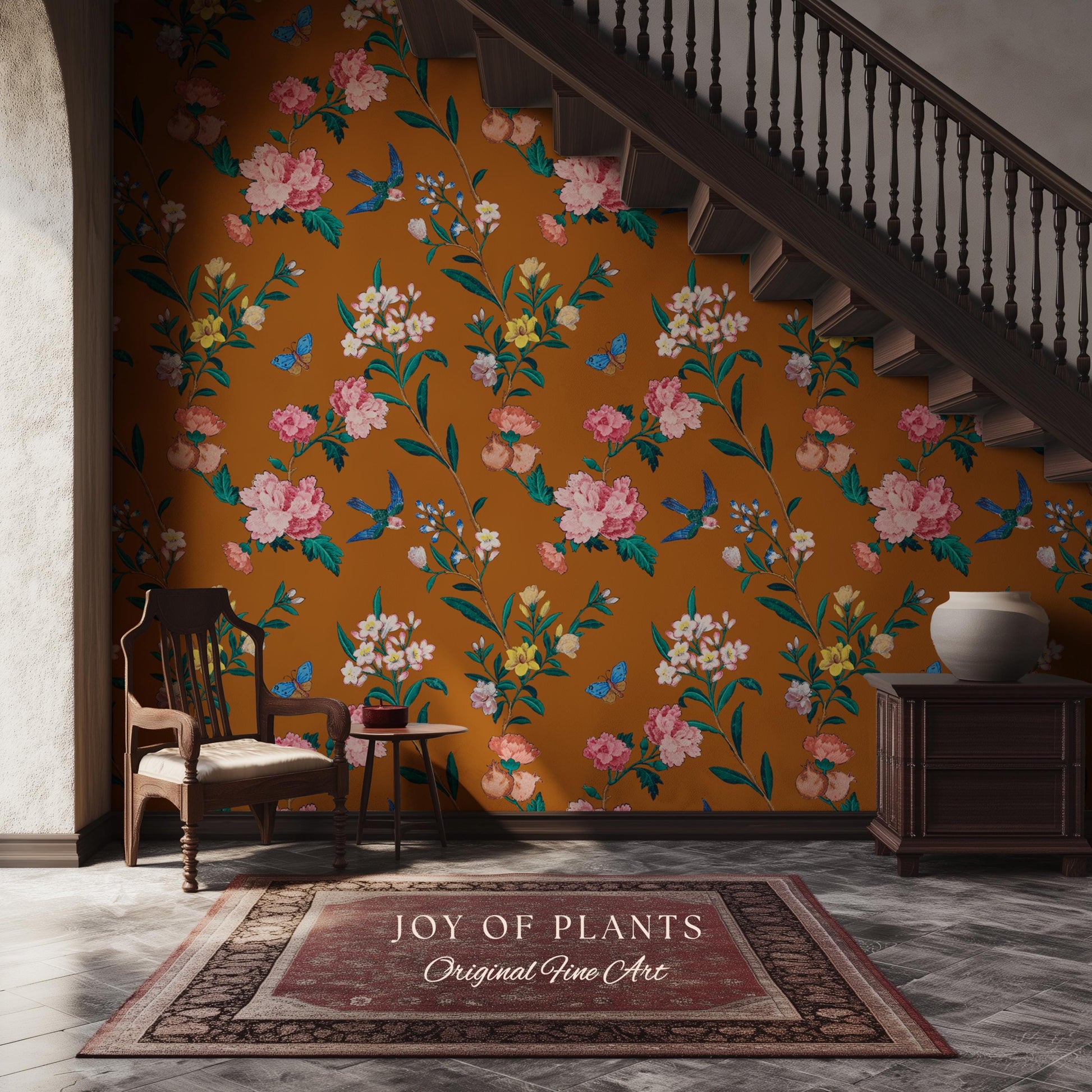Rust Orange Flowing Vine Wallpaper | Soft Florals Chinoiserie Inspired Botanical Wall Art Peel and Stick Luxury Artistry Bird Print Accent
