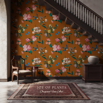 Rust Orange Flowing Vine Wallpaper | Soft Florals Chinoiserie Inspired Botanical Wall Art Peel and Stick Luxury Artistry Bird Print Accent