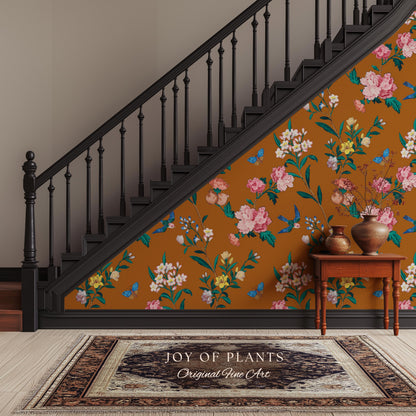 Rust Orange Flowing Vine Wallpaper | Soft Florals Chinoiserie Inspired Botanical Wall Art Peel and Stick Luxury Artistry Bird Print Accent