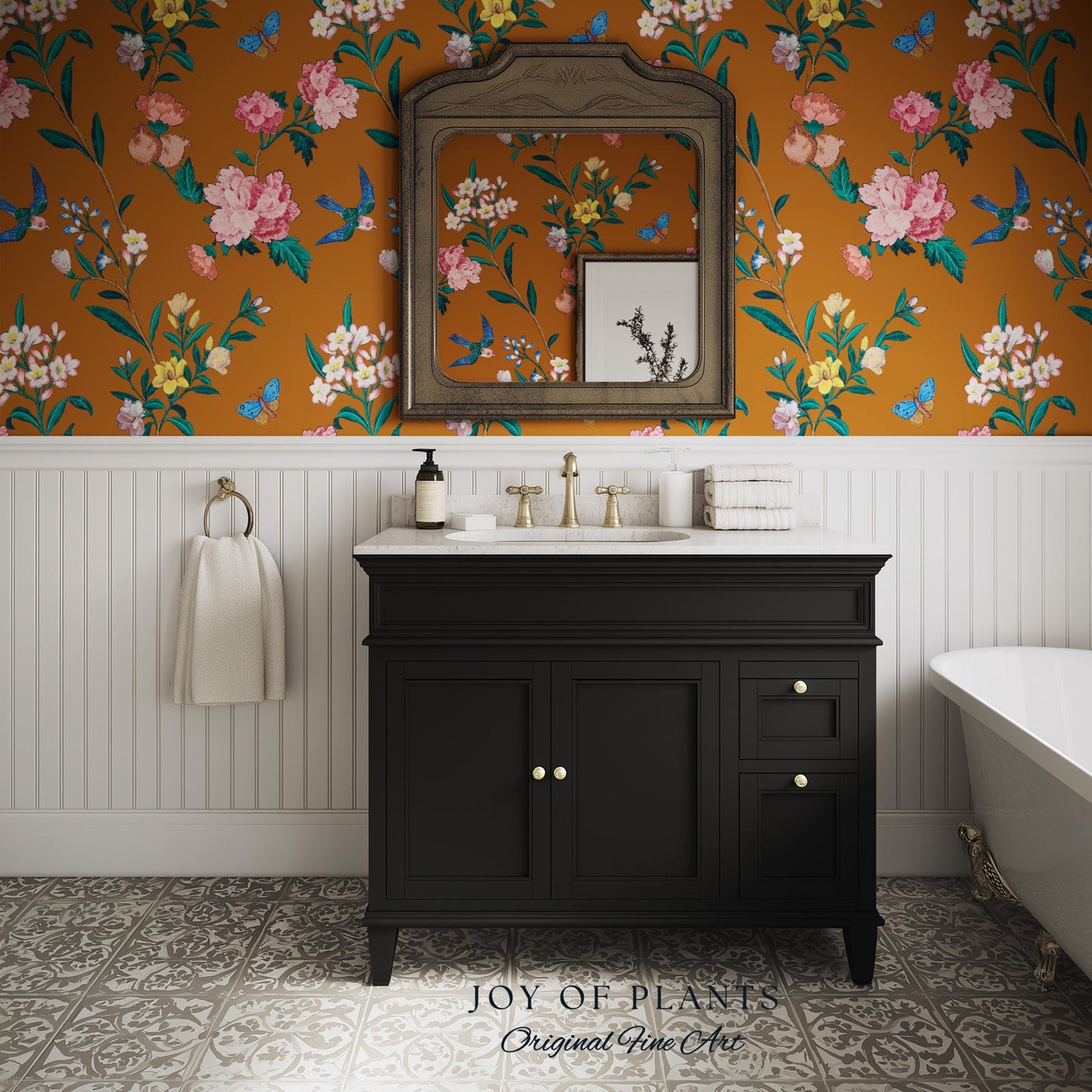 Rust Orange Flowing Vine Wallpaper | Soft Florals Chinoiserie Inspired Botanical Wall Art Peel and Stick Luxury Artistry Bird Print Accent