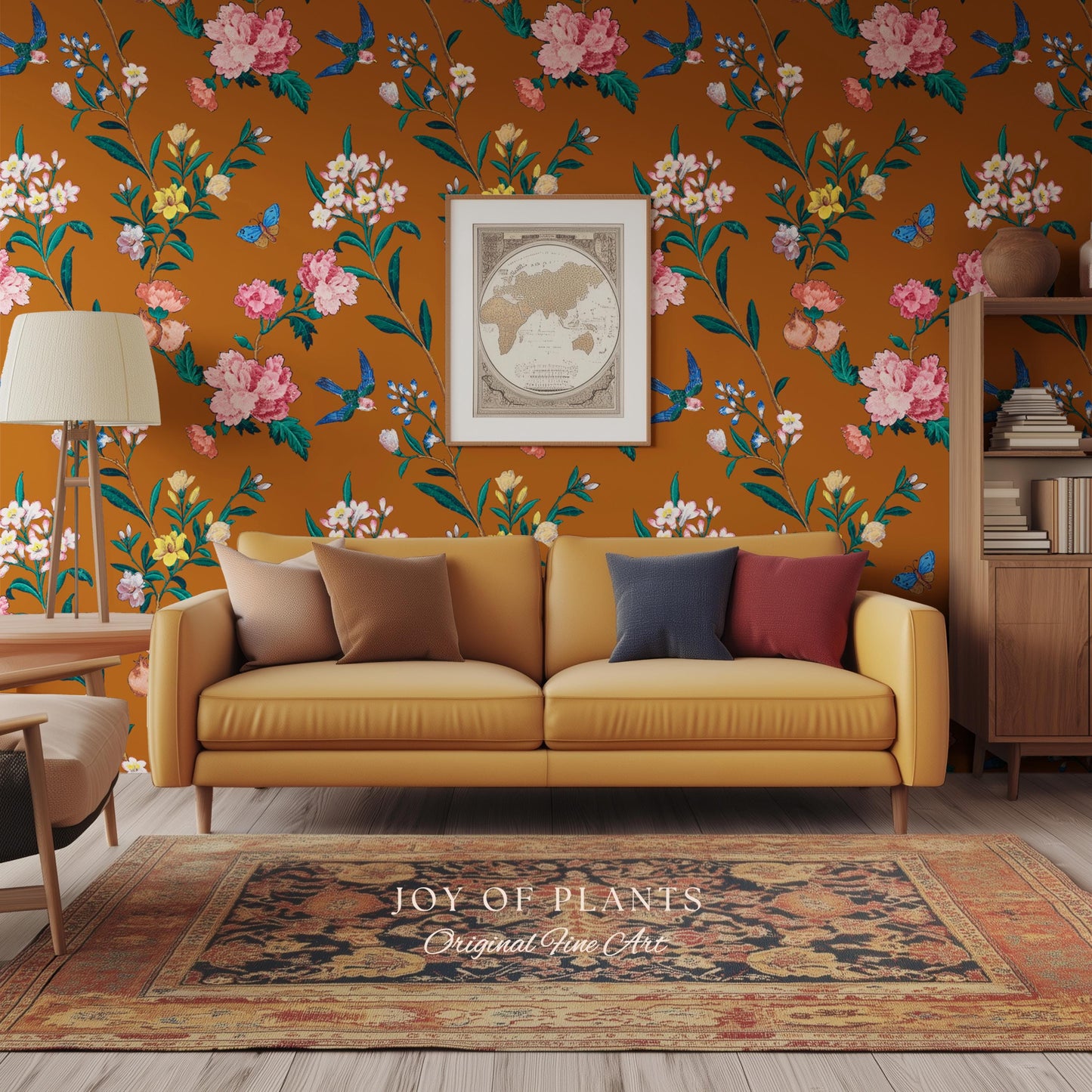 Rust Orange Flowing Vine Wallpaper | Soft Florals Chinoiserie Inspired Botanical Wall Art Peel and Stick Luxury Artistry Bird Print Accent