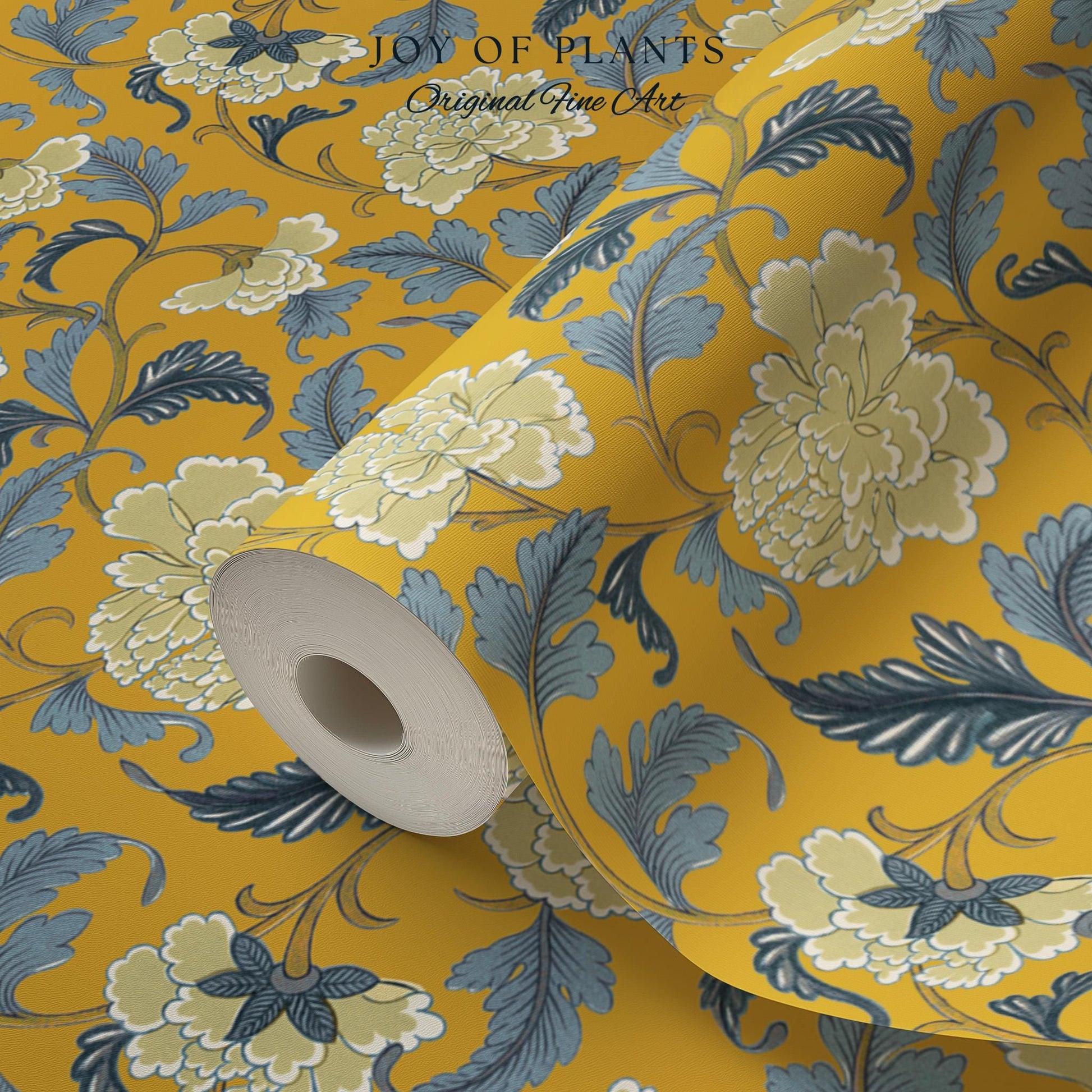Formal European Damask Wallpaper | Rococo Chinoiserie French Florals Peony Wall Renter Friendly Peel & Stick Mustard Yellow Grandmillenial