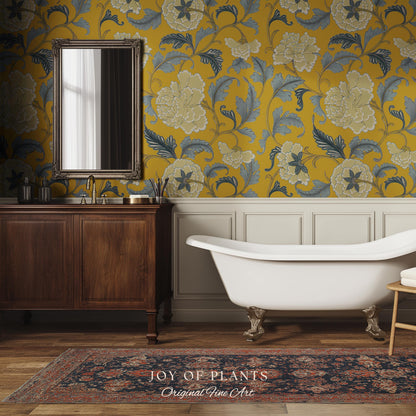 Formal European Damask Wallpaper | Rococo Chinoiserie French Florals Peony Wall Renter Friendly Peel & Stick Mustard Yellow Grandmillenial