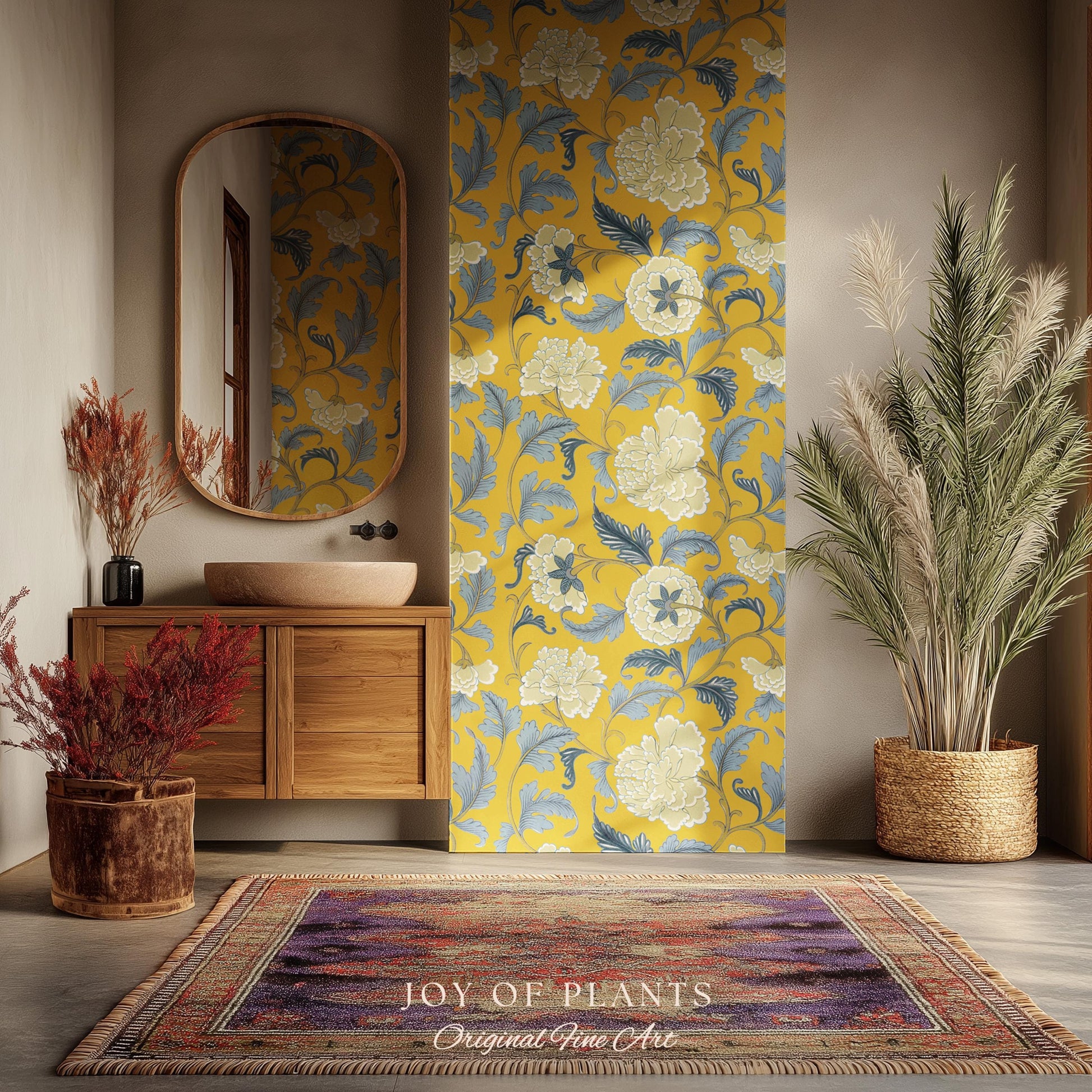 Formal European Damask Wallpaper | Rococo Chinoiserie French Florals Peony Wall Renter Friendly Peel & Stick Mustard Yellow Grandmillenial