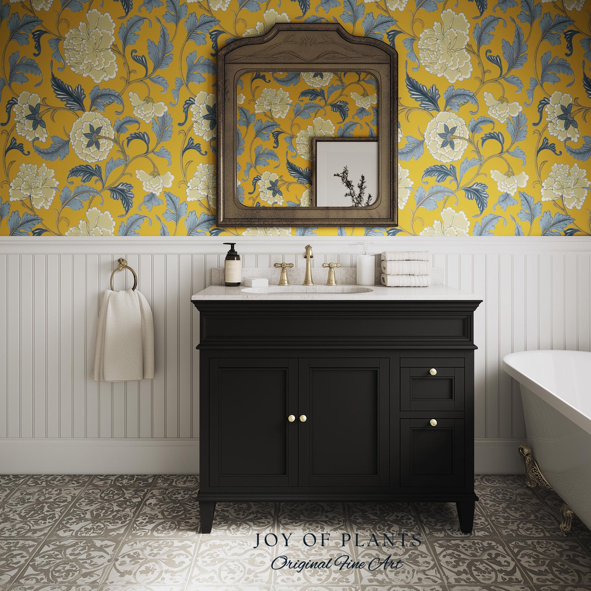 Formal European Damask Wallpaper | Rococo Chinoiserie French Florals Peony Wall Renter Friendly Peel & Stick Mustard Yellow Grandmillenial