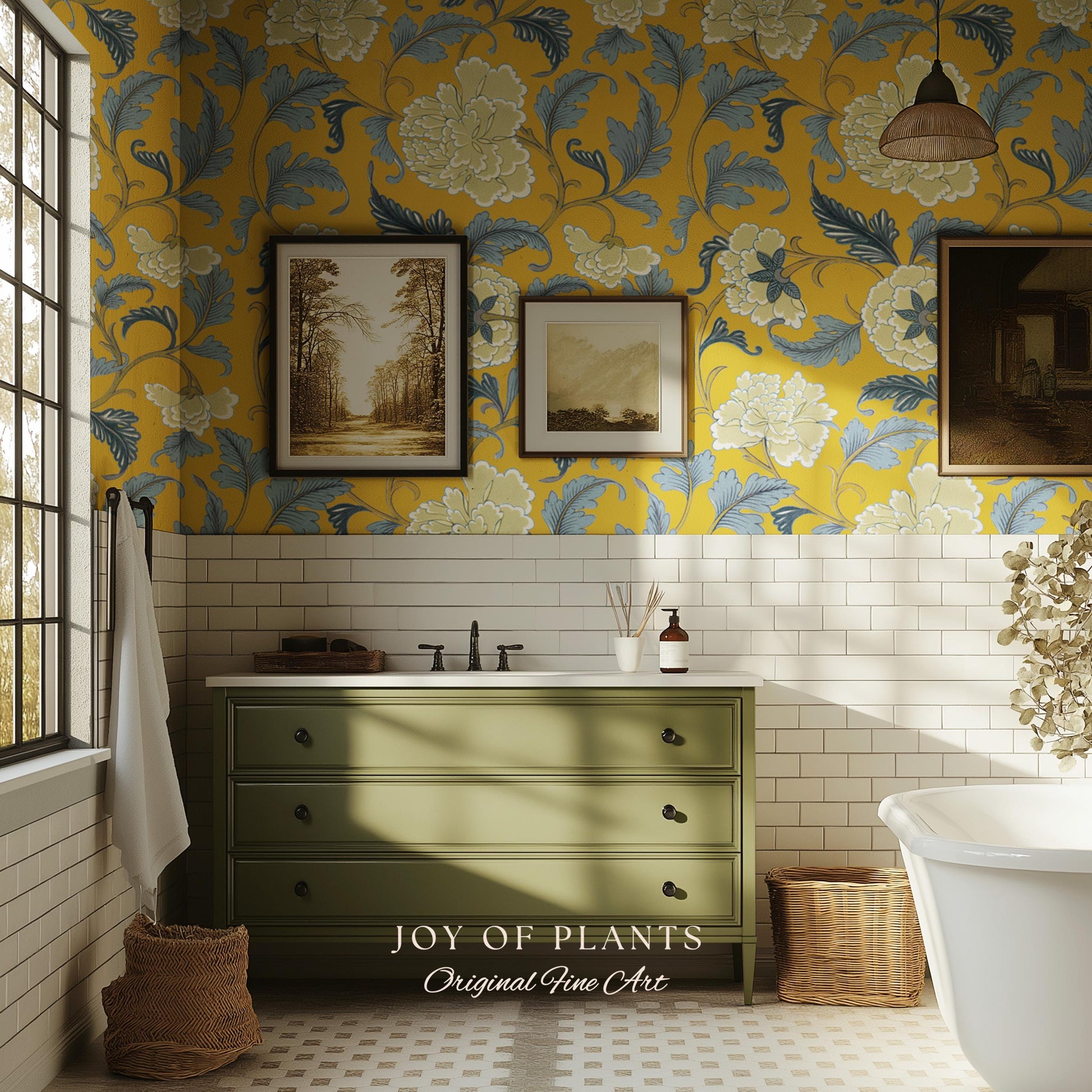 Formal European Damask Wallpaper | Rococo Chinoiserie French Florals Peony Wall Renter Friendly Peel & Stick Mustard Yellow Grandmillenial