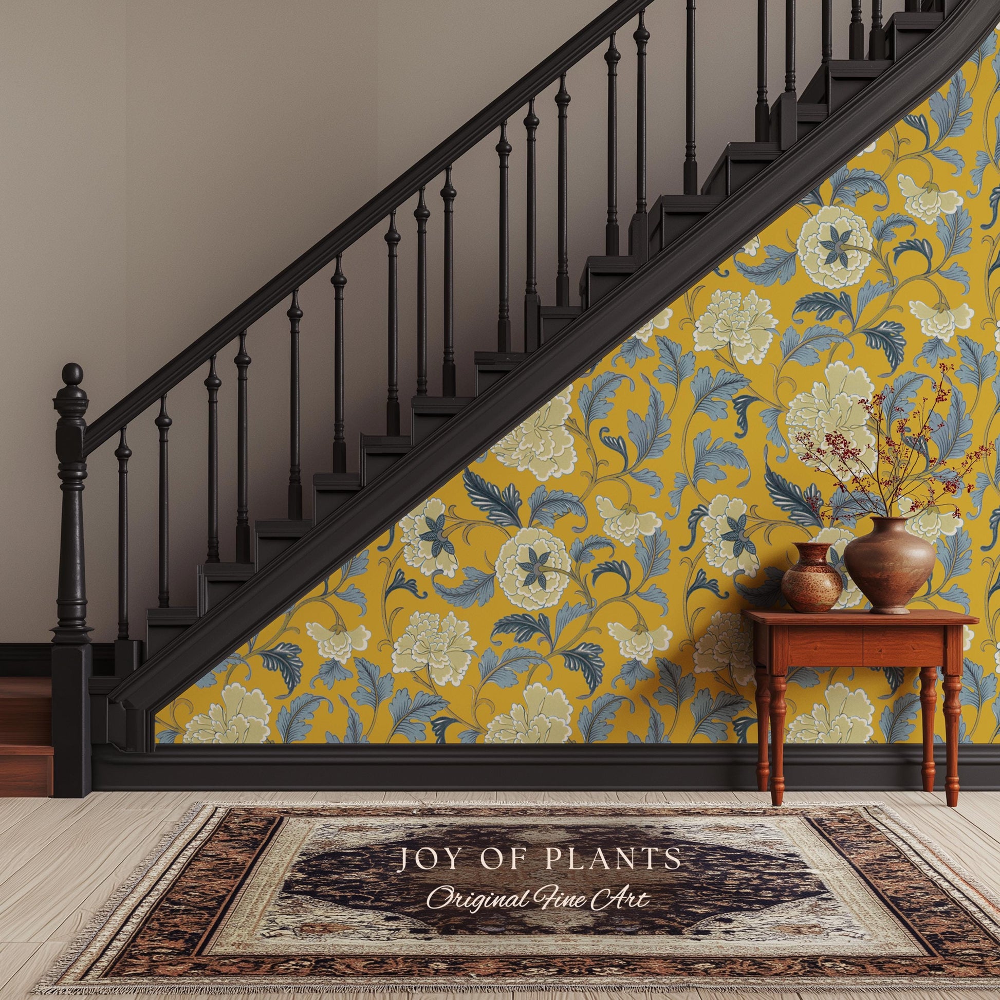 Formal European Damask Wallpaper | Rococo Chinoiserie French Florals Peony Wall Renter Friendly Peel & Stick Mustard Yellow Grandmillenial