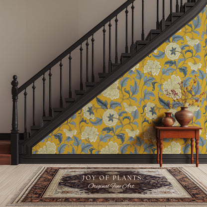 Formal European Damask Wallpaper | Rococo Chinoiserie French Florals Peony Wall Renter Friendly Peel & Stick Mustard Yellow Grandmillenial