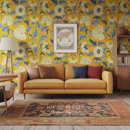 Formal European Damask Wallpaper | Rococo Chinoiserie French Florals Peony Wall Renter Friendly Peel & Stick Mustard Yellow Grandmillenial