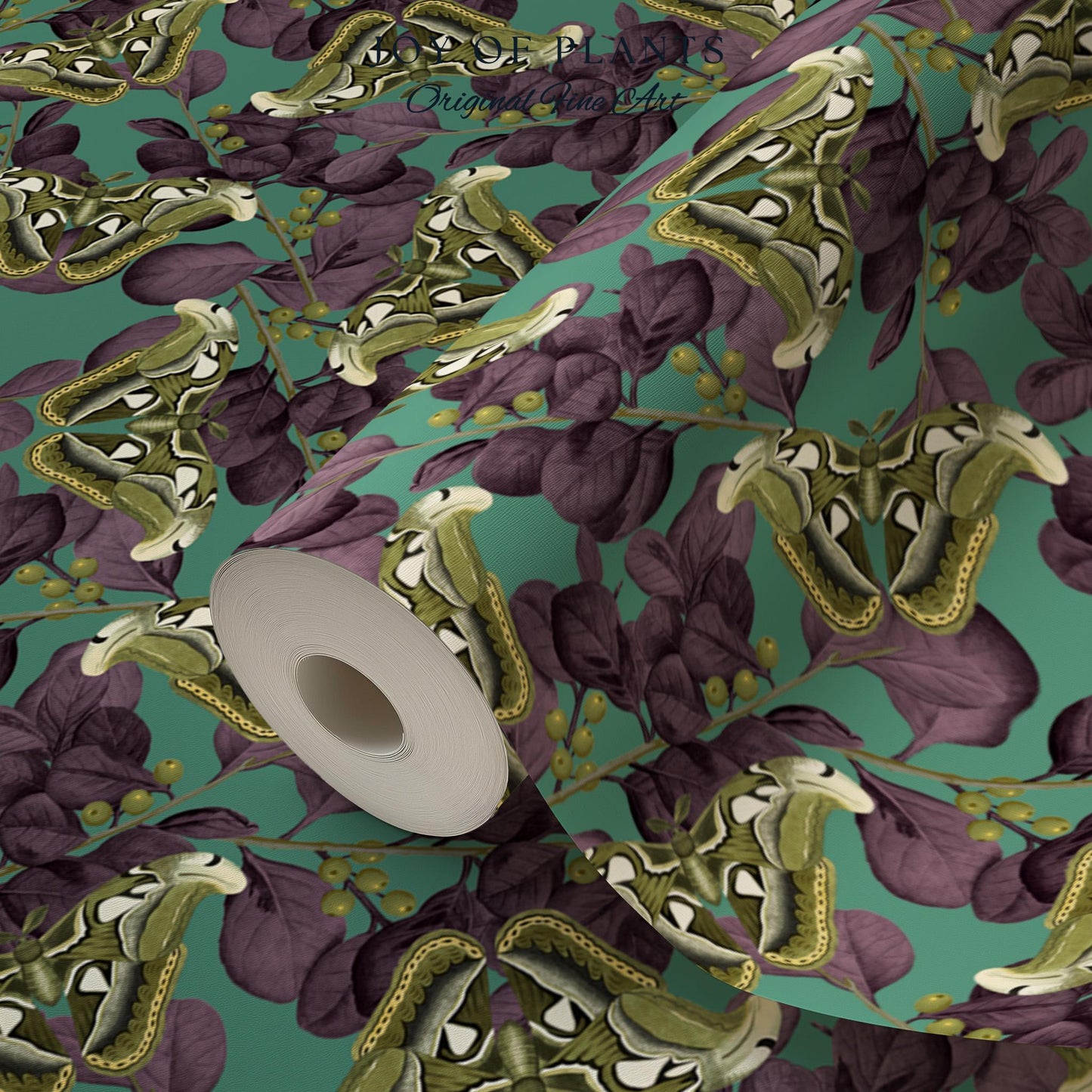 Deep Plum Botanical Butterfly Wallpaper | Moody Wildlife Maximalist Dark Nature Peel and Stick Purple & Green Renter Friendly Curiosity Art