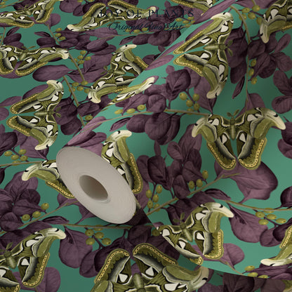 Deep Plum Botanical Butterfly Wallpaper | Moody Wildlife Maximalist Dark Nature Peel and Stick Purple & Green Renter Friendly Curiosity Art