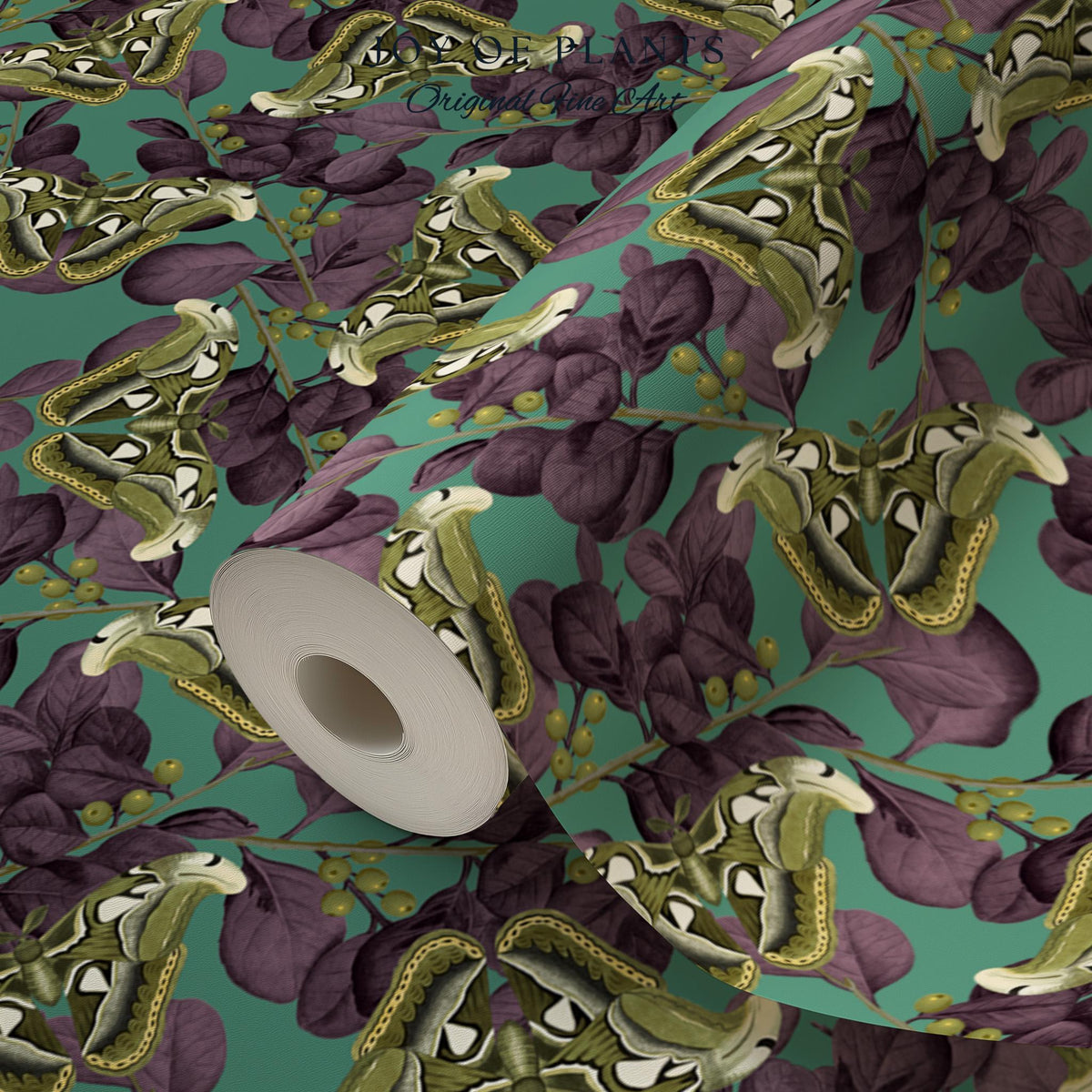 Deep Plum Botanical Butterfly Wallpaper | Moody Wildlife Maximalist Dark Nature Peel and Stick Purple & Green Renter Friendly Curiosity Art