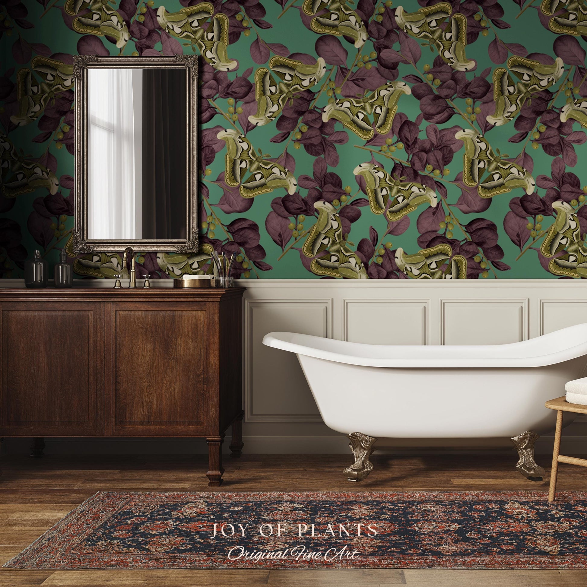 Deep Plum Botanical Butterfly Wallpaper | Moody Wildlife Maximalist Dark Nature Peel and Stick Purple & Green Renter Friendly Curiosity Art