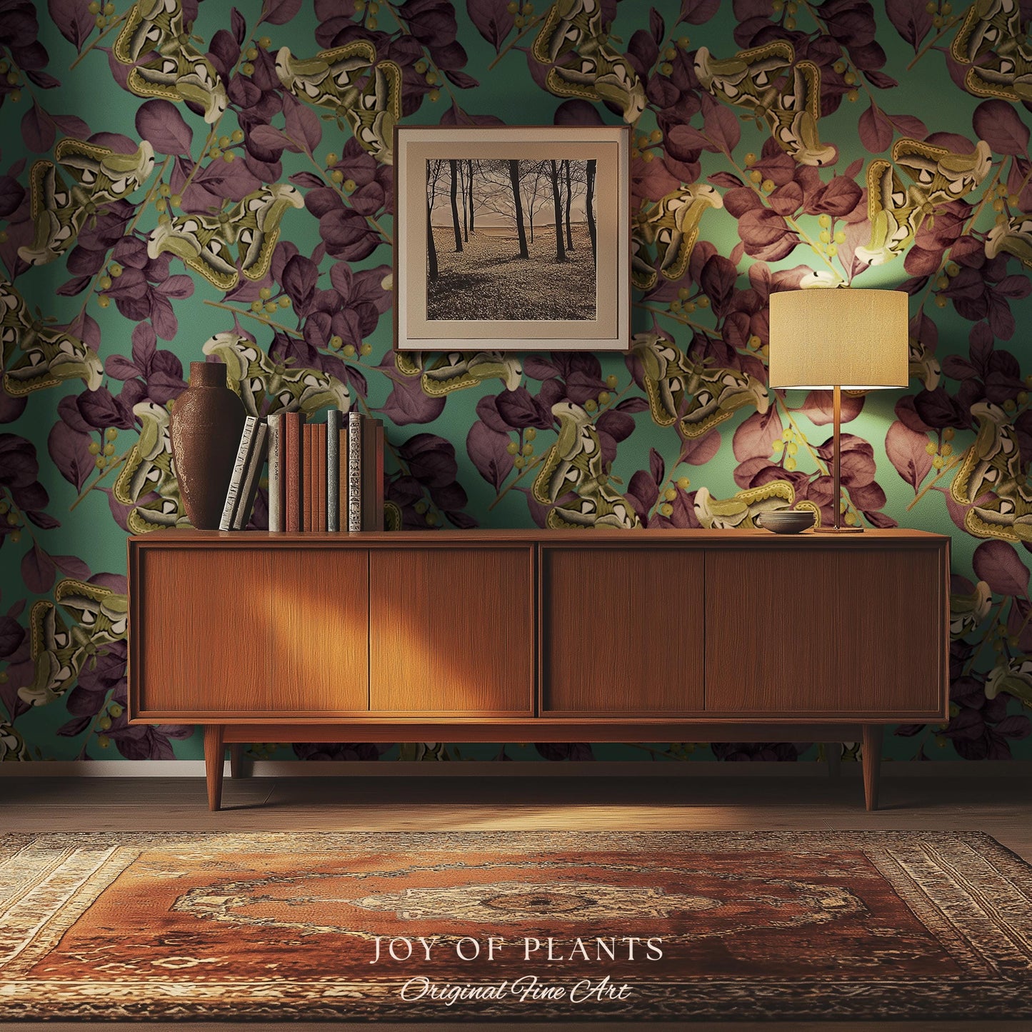 Deep Plum Botanical Butterfly Wallpaper | Moody Wildlife Maximalist Dark Nature Peel and Stick Purple & Green Renter Friendly Curiosity Art