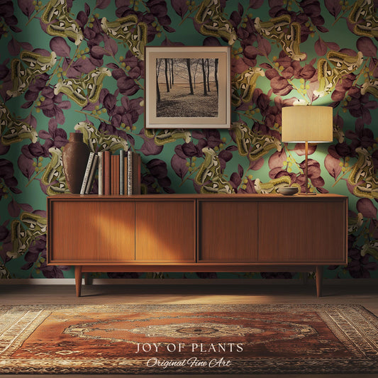 Deep Plum Botanical Butterfly Wallpaper | Moody Wildlife Maximalist Dark Nature Peel and Stick Purple & Green Renter Friendly Curiosity Art