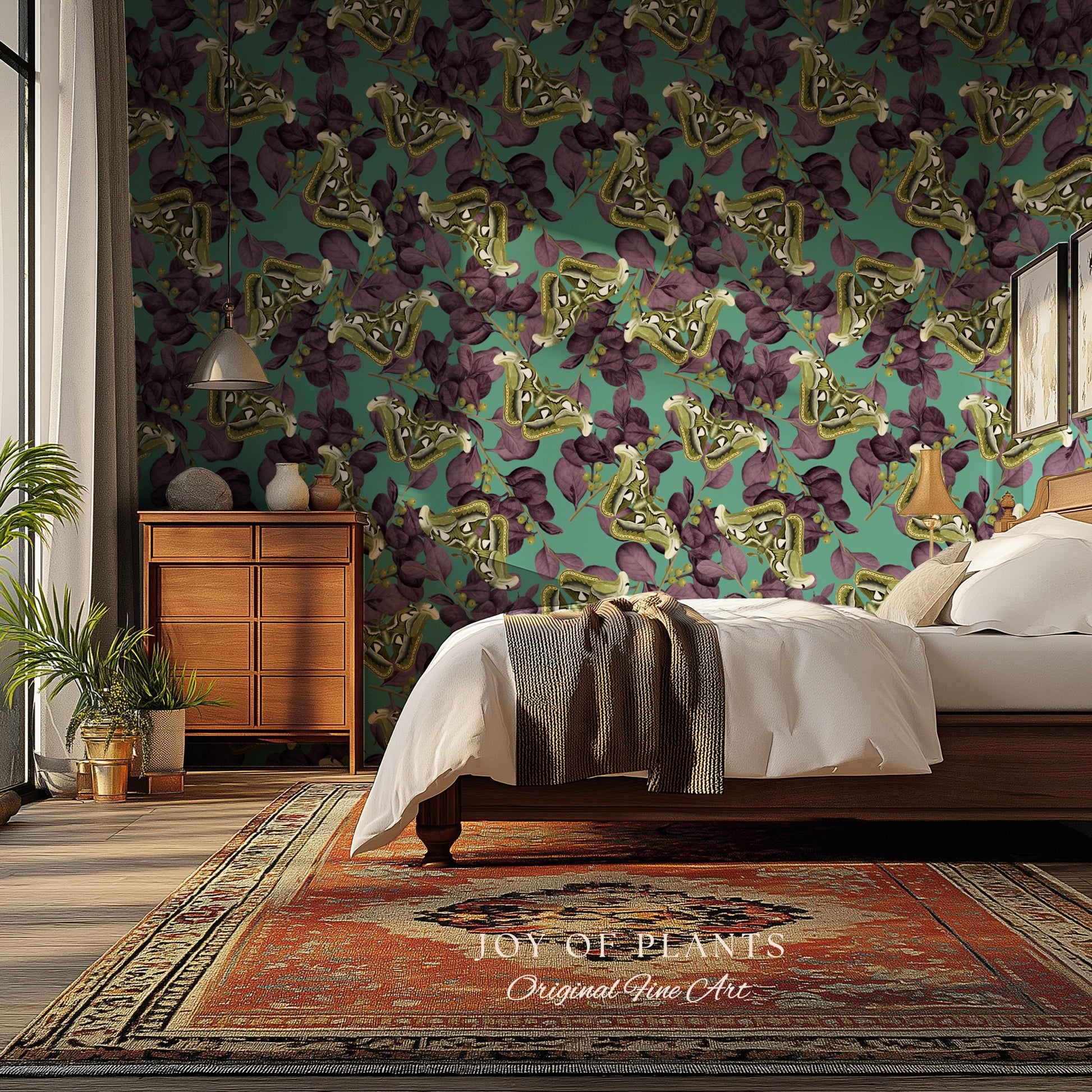 Deep Plum Botanical Butterfly Wallpaper | Moody Wildlife Maximalist Dark Nature Peel and Stick Purple & Green Renter Friendly Curiosity Art