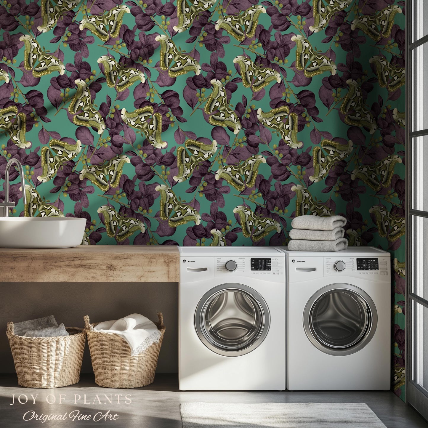 Deep Plum Botanical Butterfly Wallpaper | Moody Wildlife Maximalist Dark Nature Peel and Stick Purple & Green Renter Friendly Curiosity Art