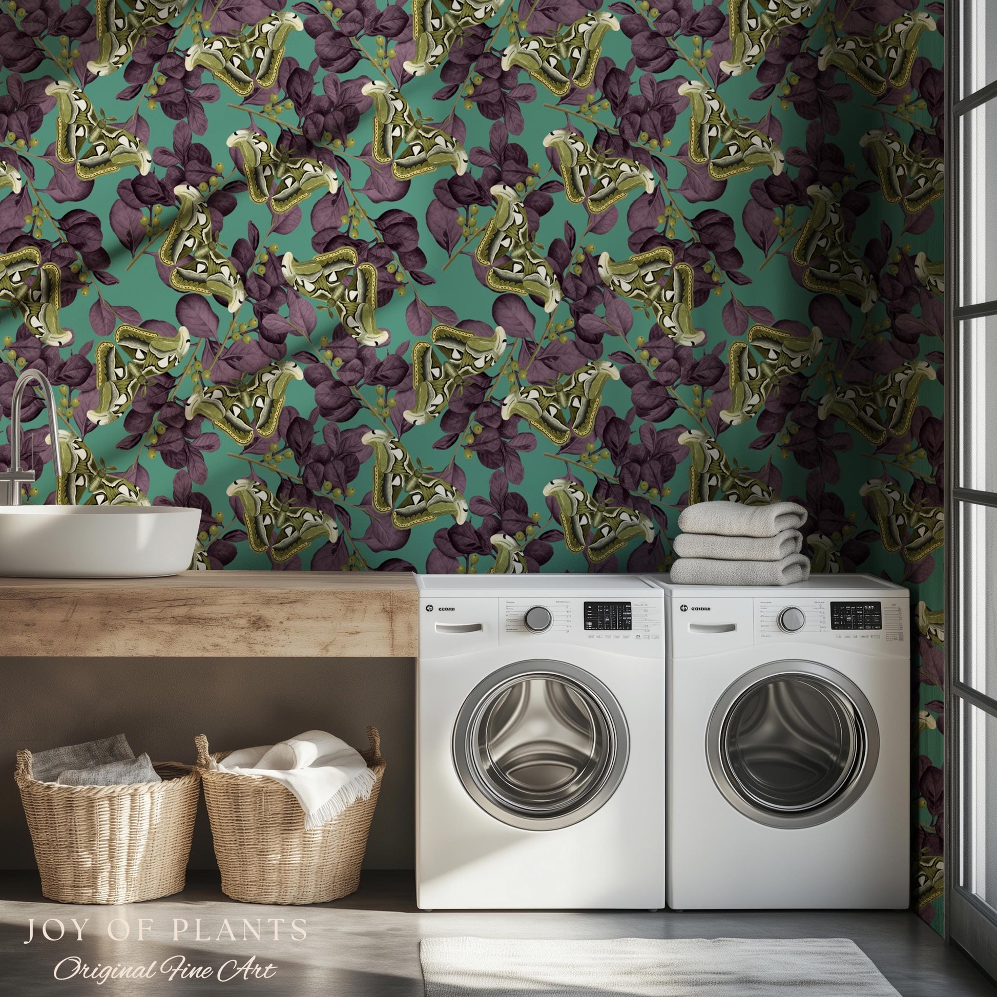 Deep Plum Botanical Butterfly Wallpaper | Moody Wildlife Maximalist Dark Nature Peel and Stick Purple & Green Renter Friendly Curiosity Art