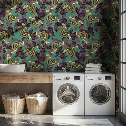 Deep Plum Botanical Butterfly Wallpaper | Moody Wildlife Maximalist Dark Nature Peel and Stick Purple & Green Renter Friendly Curiosity Art