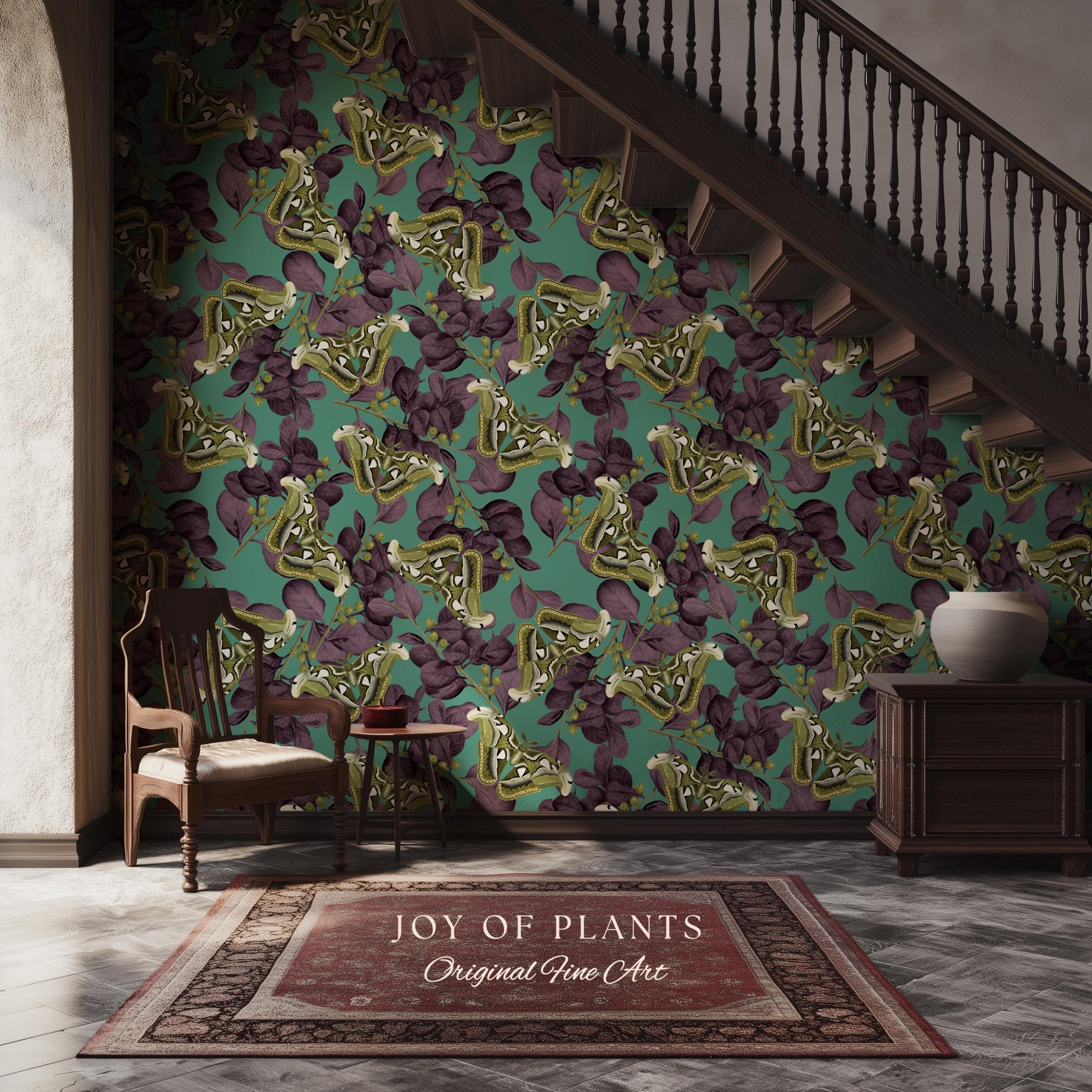 Deep Plum Botanical Butterfly Wallpaper | Moody Wildlife Maximalist Dark Nature Peel and Stick Purple & Green Renter Friendly Curiosity Art