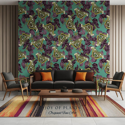 Deep Plum Botanical Butterfly Wallpaper | Moody Wildlife Maximalist Dark Nature Peel and Stick Purple & Green Renter Friendly Curiosity Art