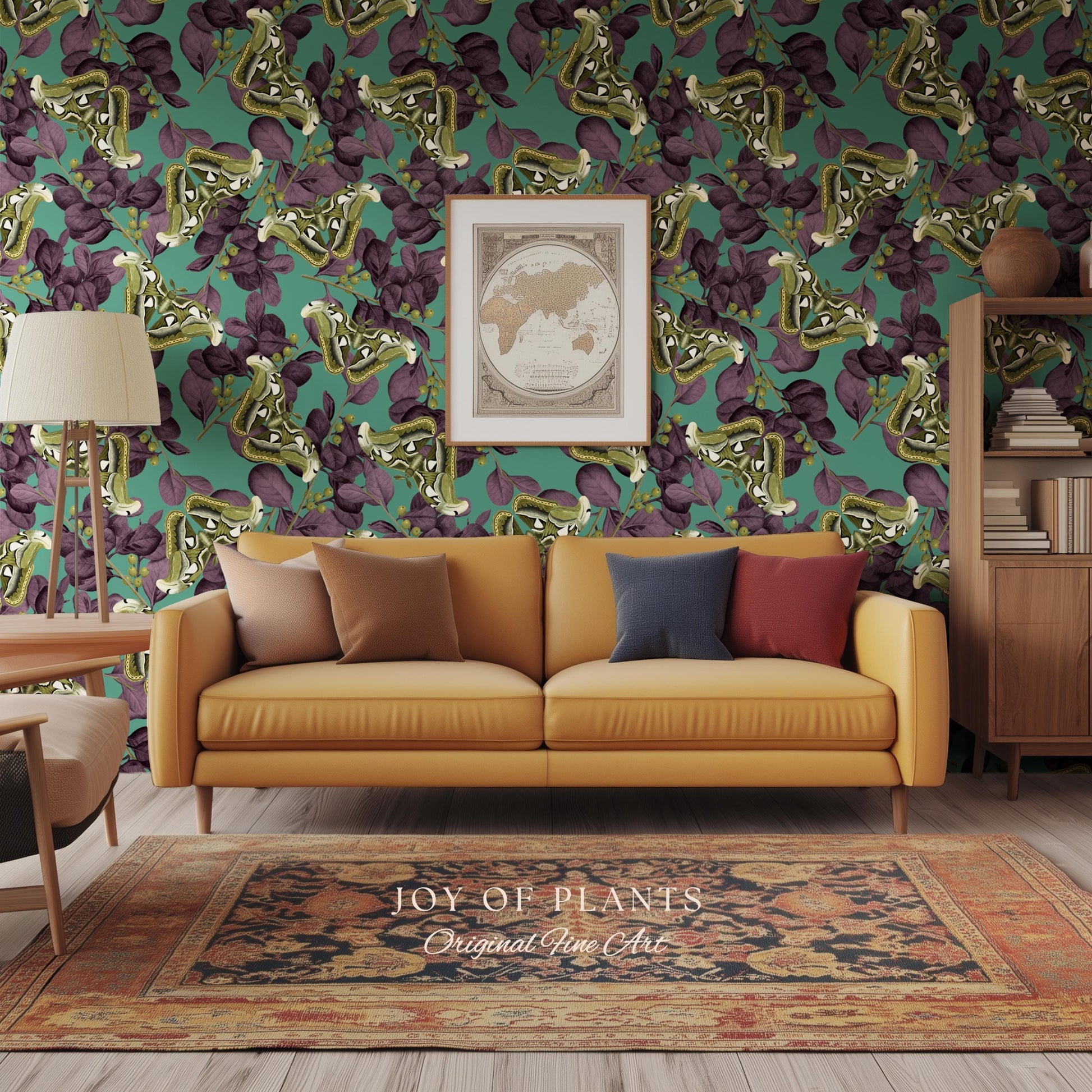 Deep Plum Botanical Butterfly Wallpaper | Moody Wildlife Maximalist Dark Nature Peel and Stick Purple & Green Renter Friendly Curiosity Art