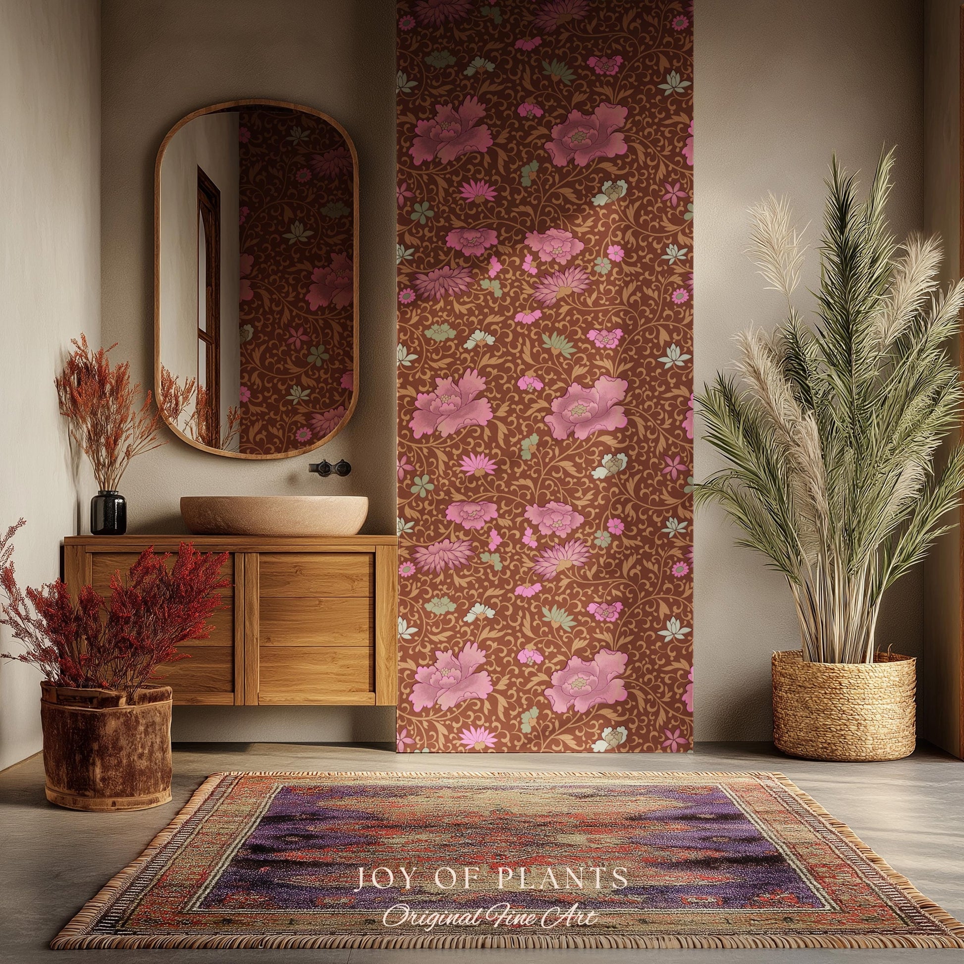 Bohemian Folk Ornamental Wallpaper | Retro Mid-Century Cottage Wall Art Renter Friendly Mauve Maximalist Peel and Stick Floral Chinoiserie