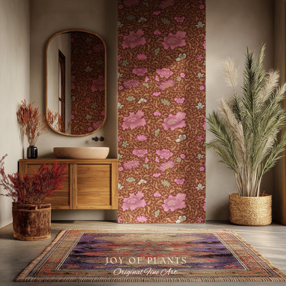 Bohemian Folk Ornamental Wallpaper | Retro Mid-Century Cottage Wall Art Renter Friendly Mauve Maximalist Peel and Stick Floral Chinoiserie