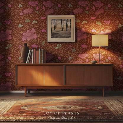 Bohemian Folk Ornamental Wallpaper | Retro Mid-Century Cottage Wall Art Renter Friendly Mauve Maximalist Peel and Stick Floral Chinoiserie