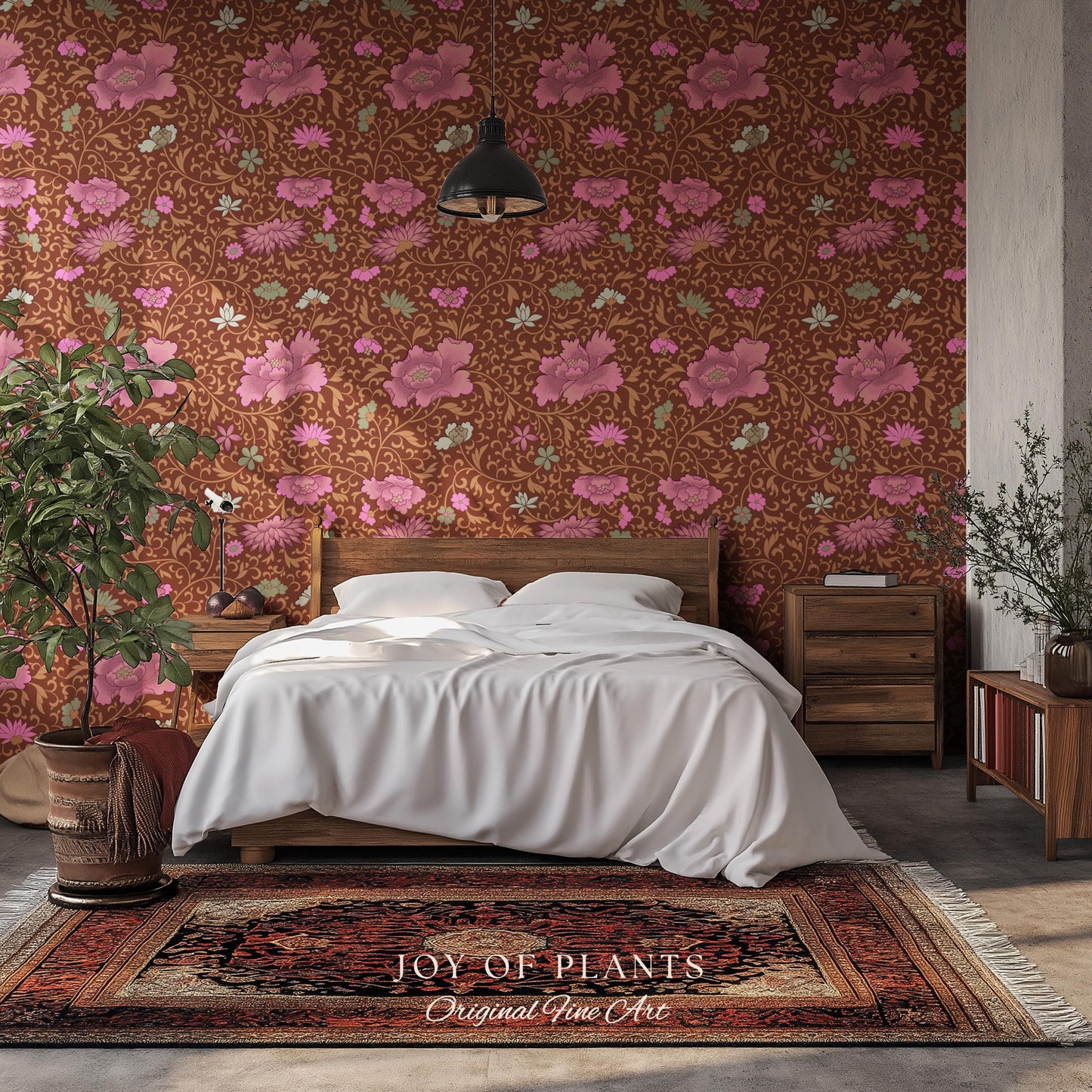 Bohemian Folk Ornamental Wallpaper | Retro Mid-Century Cottage Wall Art Renter Friendly Mauve Maximalist Peel and Stick Floral Chinoiserie