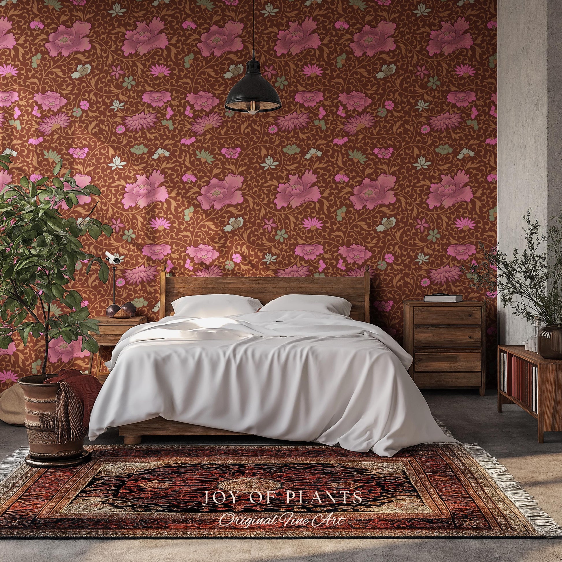 Bohemian Folk Ornamental Wallpaper | Retro Mid-Century Cottage Wall Art Renter Friendly Mauve Maximalist Peel and Stick Floral Chinoiserie