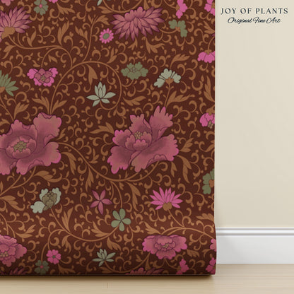 Bohemian Folk Ornamental Wallpaper | Retro Mid-Century Cottage Wall Art Renter Friendly Mauve Maximalist Peel and Stick Floral Chinoiserie